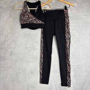WILO Workout Set Womens Leopard Print Sports Bra & Leggings Activewear Black S/M